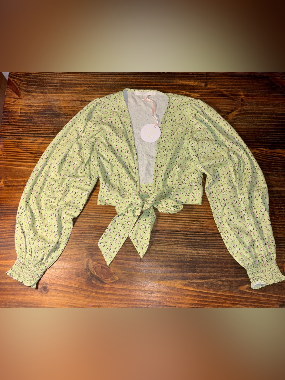 More to Come Floral Tie Front Crop Top Sage Green Pink Rose Puff Sleeve NWT - Picture 2 of 11